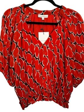 Karina Grimaldi Red Printed Smocked Blouse Puff Sleeve Top S NWT